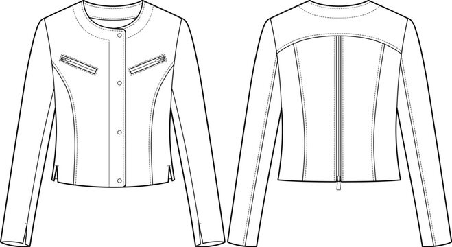 Womens collarless biker leather jacket fashion flat sketch vector illustration technical drawing with snap placket and back zip