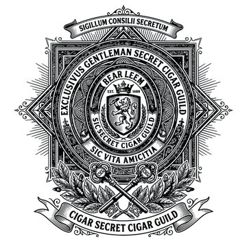 Vintage ornate secret cigar guild emblem with heraldic lion shield and crossed keys.
