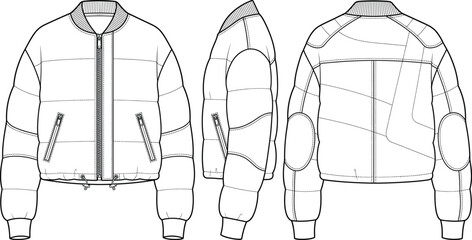 Womens cropped puffer jacket bomber winter coat fashion flat sketch vector illustration technical drawing front side back view © Prohllad
