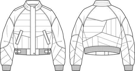 Womens cropped puffer jacket fashion flat sketch vector illustration technical drawing with geometric quilting and side hem tabs © Prohllad