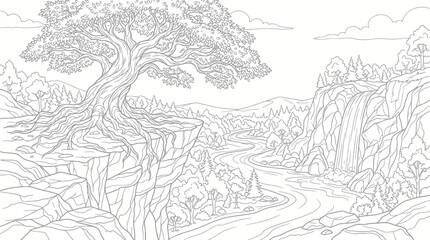 Obraz premium Detailed forest valley and cliff coloring page.