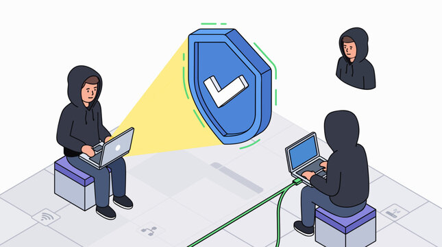 Isometric illustration of ethical hackers scanning a giant shield with a checkmark