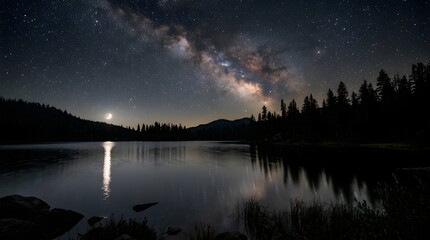 Milky Way galaxy over a calm lake. Night sky landscape with stars and forest reflection. © Nik