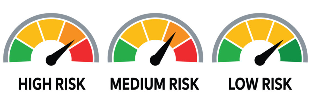 Risk meter icon, vector illustration featuring risk assessment gauge with speedometer dial showing low to high levels for analysis, management, and business design.