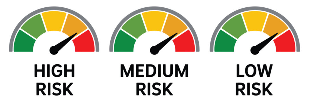 Risk meter icon, vector illustration featuring risk assessment gauge with speedometer dial showing low to high levels for analysis, management, and business design.