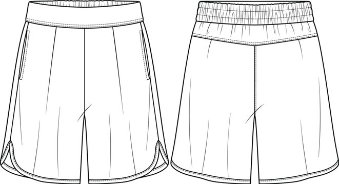 Womens elastic waistband athletic shorts side zipper pockets curved hem fashion flat sketch vector illustration technical drawing front back view