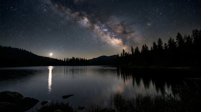 Milky Way galaxy over a calm lake. Night sky landscape with stars and forest reflection.