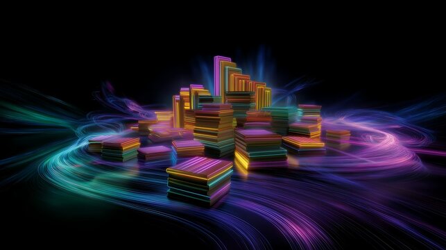Colorful stacked geometric blocks against a dark background
