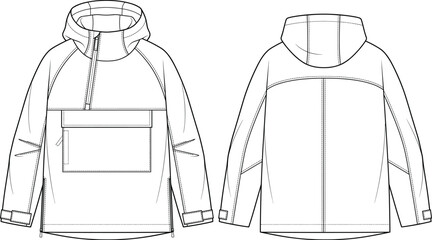 Womens hooded anorak jacket half zip kangaroo pocket raglan sleeves fashion flat sketch vector illustration technical drawing front back view © Prohllad