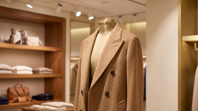 High End Cashmere Coat Retail Display with Soft Bokeh Background