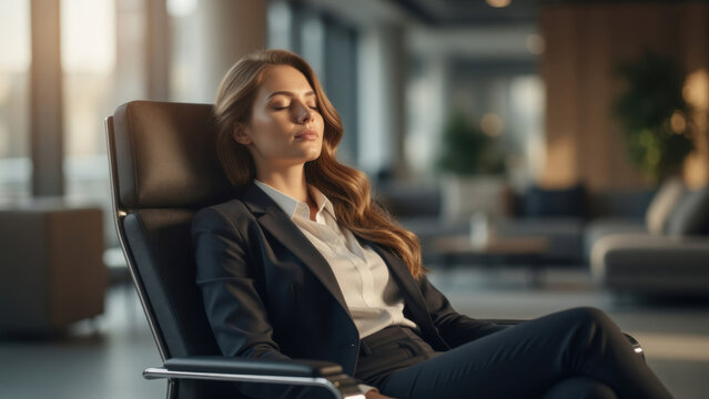 Businesswoman office chair suit relax corporate modern professional lounge calm Businesswoman office chair suit relax corporate modern professional Microdosing mindfulness meditation concept