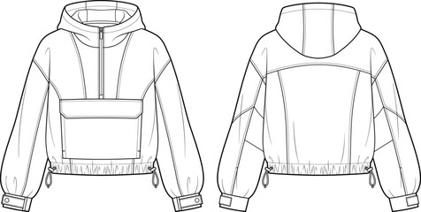 Womens hooded half zip anorak jacket pouch pocket fashion flat sketch vector illustration technical drawing front back view © Prohllad