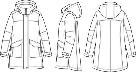 Womens hooded parka jacket winter coat fashion flat sketch vector illustration technical drawing front side back view © Prohllad