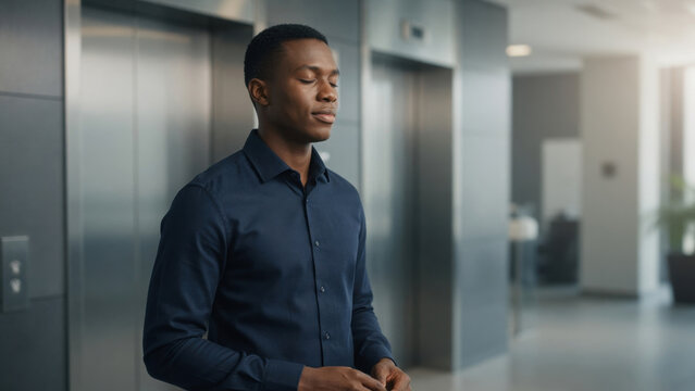 Relaxed calm confident business office elevator corridor male closing eye peaceful professional man breathes deeply in modern office hallway before work Microdosing mindfulness meditation concept