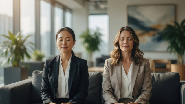 Two woman business suit office meditation mindfulness relaxation mental health wellness corporate teamwork Peaceful two woman business suit office Microdosing mindfulness meditation concept
