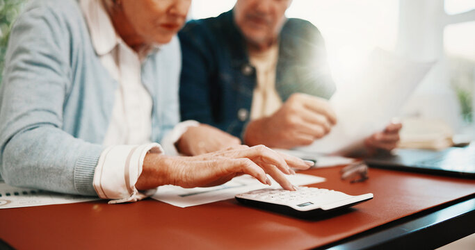 Hands, finance and senior couple with calculator for budget planning, payment and taxes. Marriage, retirement home and man with woman with savings, financial report or check expenses for pension fund