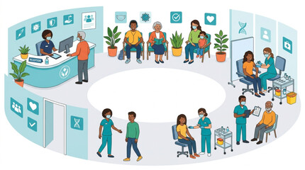 Fototapeta premium Illustration of people receiving vaccinations in a clinic with a reception area, waiting room, and private vaccination stations, conveying a sense of organized healthcare and community