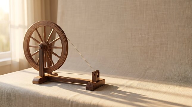 Vintage Wooden Spinning Wheel Charkha on Linen Tablecloth with Morning Sunlight Shadows