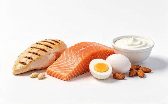 Assorted High Protein Foods Including Salmon and Chicken Breast