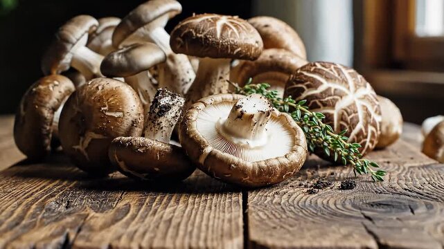 Raw mushrooms on rustic wooden texture