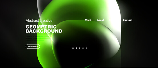 Naklejka premium Abstract design features vibrant green, white shapes. Dark background highlights fluid forms, text elements, navigation options. Modern aesthetic.