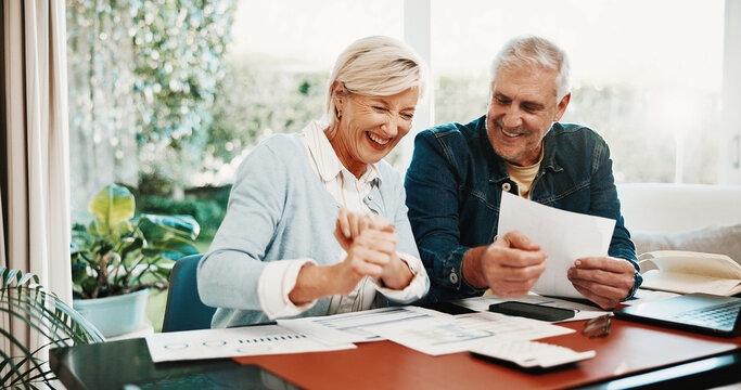 Laugh, finance and senior couple with paperwork for budget planning, mortgage payment and taxes. Marriage, retirement and happy man with woman with savings, financial report or bills for pension fund