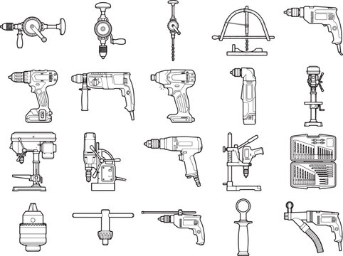 A collection of various drilling tools, showcasing antique hand drills, modern power drills, and drill presses, all rendered in a clean, technical line drawing style.