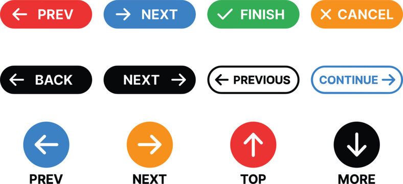 Colorful website navigation button set with next, previous, cancel, and finish arrows for user interface