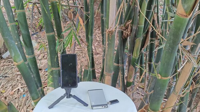 Phone Tripod Stand with External Hard Drive on Table Near Bamboo
