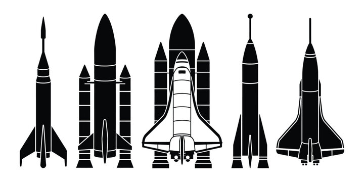 Rocket and space shuttle vector silhouettes featuring missiles and aerospace vehicles for space exploration, transportation, engineering, and technology design.