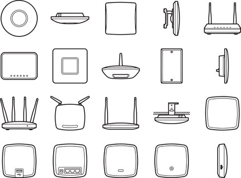 A collection of line art icons representing various wireless routers and network devices, showcasing different designs and functionalities for modern connectivity.