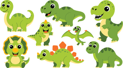 Cute Green Dinosaur Character Vector Set Featuring Cartoon Tyrannosaurus Rex, Triceratops, Brachiosaurus, and Pterodactyl Figures for Kids Toys and Nursery Room Decor © sumi