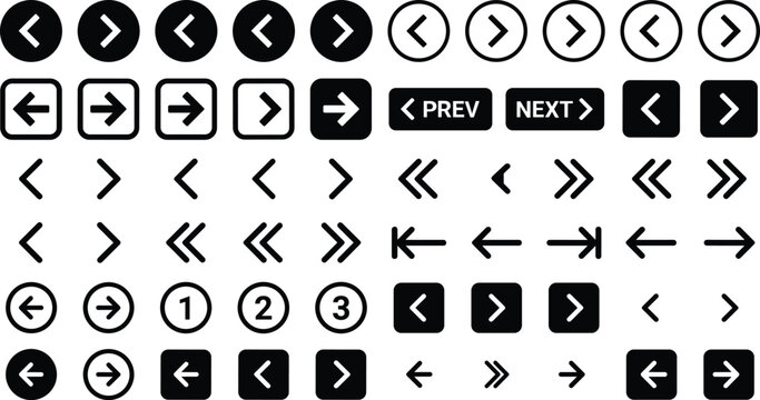 Black and white arrow icon set for website navigation, user interface design, and digital paginationBlack and white arrow icon set for website navigation, user interface design, and digital pagination