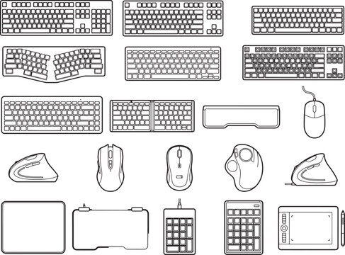 A collection of line art illustrations showcasing various computer keyboards, mice, trackpads, and a drawing tablet, highlighting diverse input devices for technology.