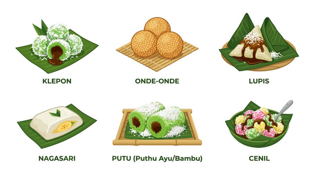Vector set of traditional Indonesian street food and desserts.