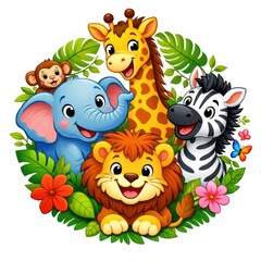 Obraz premium Cute cartoon jungle animals with a lion, elephant, giraffe, and zebra.