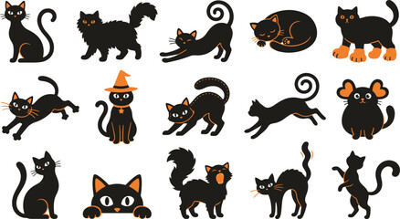 Obraz premium Collection of various black cat stickers for halloween decorations isolated on transparent background isolated on transparent background