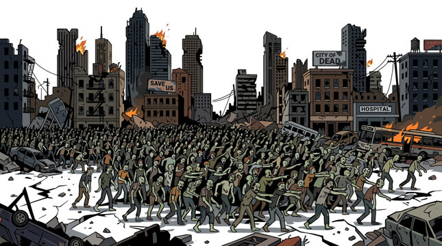 Zombie apocalypse cityscape with hordes of undead. Urban survival scene with chaos and destruction.