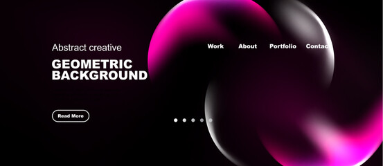 Naklejka premium Dark website mockup features vibrant pink bubbles, navigation menu. Geometric background offers modern aesthetic. Simple design.