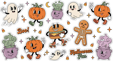 Fototapeta premium Cute Halloween Clipart Collection with Ghosts Pumpkins Gingerbread Cookie Cauldron Candy and Spooky Characters