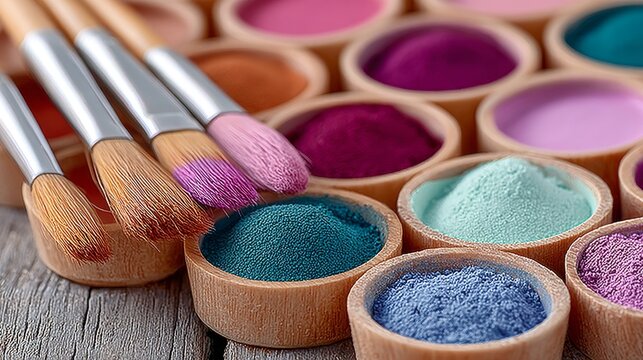 Several wooden bowls filled with vividly colored fine cosmetic powder sit on a textured wooden surface, paired with makeup brushes tipped with residual pigment, presenting a neat, professional makeup 