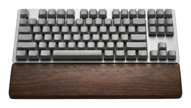 Sleek silver mechanical keyboard featuring gray keycaps and wooden wrist rest isolated transparent background image