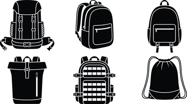 Backpack and Rucksack Silhouette Icon Set Featuring Hiking Pack School Bag Tactical Gear Roll Top and Drawstring Sack for Outdoor Travel Graphic Designs