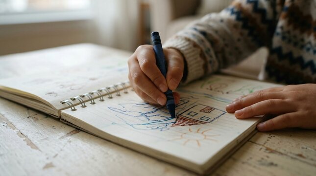 Enfant dessinant une maison et un soleil avec un crayon bleu dans un cahier, activit&eacute; cr&eacute;ative de rentr&eacute;e scolaire et d&eacute;veloppement de la motricit&eacute;.
