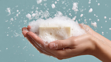 Fototapeta premium Hand holding soap with bubbles floating.