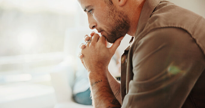 Thinking, man and stress in office for counseling, mental health or vision with emotional regret. Thoughts, male person and nervous with space for therapy session, self reflection and personal growth
