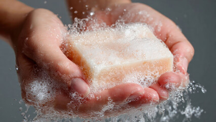 Fototapeta premium Hands holding soap with bubbles.