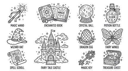 Enchanted fantasy items and magic wizard equipment icon collection. © sabar