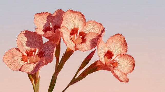 This soft-focus shot features four peach-pink gladiolus blooms with deep red centers, set against a smooth gradient sky shifting from pale blue to warm pink, creating a gentle, warm sunset-hued floral