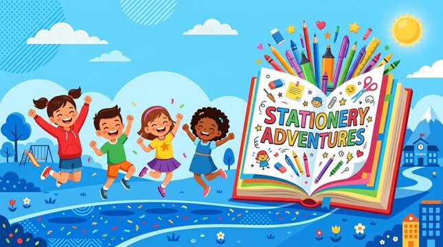 Enfants joyeux sautant de joie &agrave; c&ocirc;t&eacute; d'un livre g&eacute;ant et de fournitures scolaires color&eacute;es, concept amusant et &eacute;ducatif pour la rentr&eacute;e scolaire.